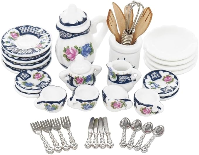 Odoria 1/12 Miniature Porcelain Tea Set Plates and Silverware Kitchen Utensils Dollhouse Accessories, Blue Blossom
