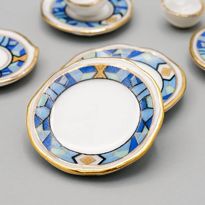Odoria 1/12 Miniature Dish Dinnerware Set 17Pcs Dollhouse Decoration Accessories, Mediterranean Blue