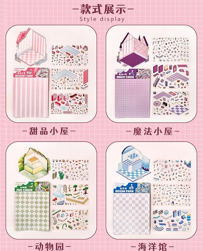 DIY 3D House Stickers Kit - 4 Sets Fun Large House Isometric Stickers Room Cartoon Scenes for Adults, Creative Art for Stress Relief, Pass The Time,Home Decoration, Relaxation Gifts(A2)