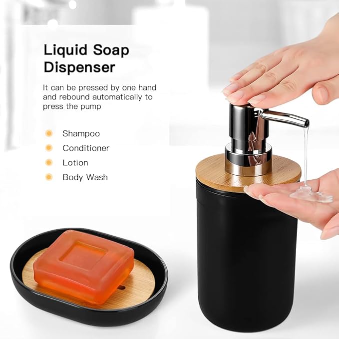 OTOSTAR Bathroom Accessories Set 8 Piece Bamboo Bathroom Accessory Set Bathroom Gift Set with 2 Qtip Holder Trash Can Soap Dispenser Toothbrush Holder Tumbler Cup Soap Dish Toilet Brush Holder (Black)