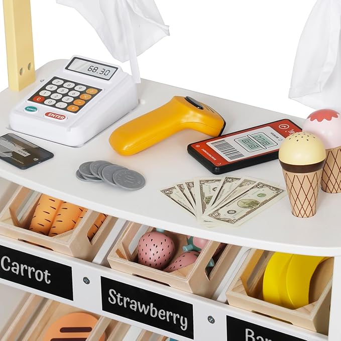 Touch Us Kids Grocery Store Playset,Pretend Play Store Toy & Wooden Supermarket Shopping Cart with Toy Cash Register, Play Money&Blackboard;26PCS Food Toys Shop for 3+ year old boys girls toddler baby
