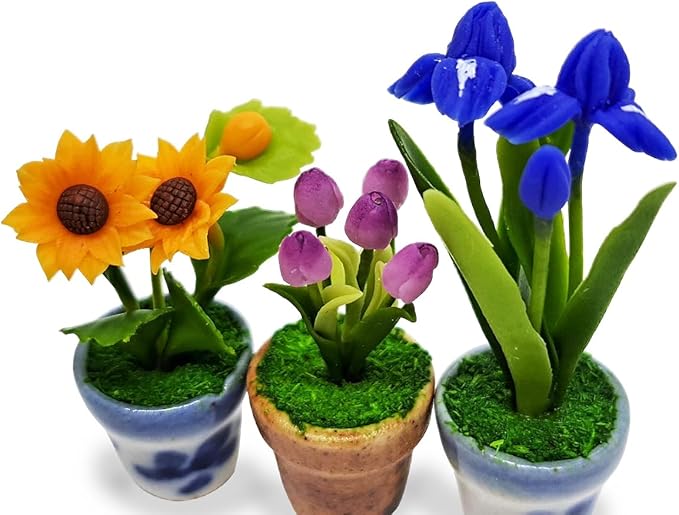 WitnyStore Tiny 1½" High 3 Pieces Set Sunflower Tulip Iris - Hand Made Artificial Flowers Colorful Miniature Realistic Modelling Clay Flower Plants in Pots Blooming House Plant Home Indoor Decoration