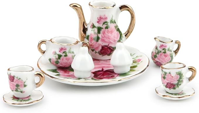 Dollhouse 1:6 Porcelain Tea Cup Sets 8 Pcs Set Miniature Ceramics Dollhouse Accessories Flower Pattern Teapot Platter Dish Sets Dollhouse Kitchen Supplies Decoration (Big Rose)