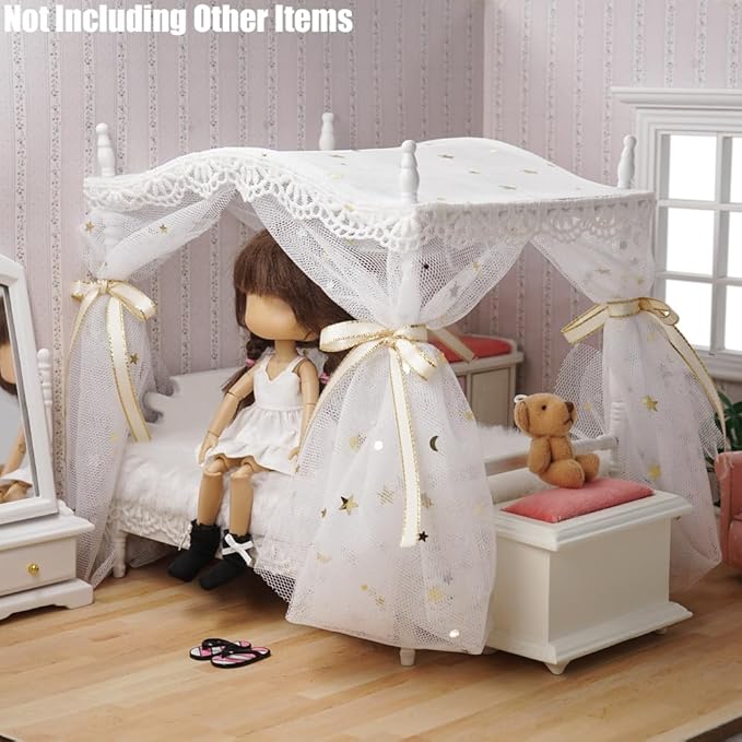 Odoria Dollhouse Princess Bed Miniature: 1/12 Scale Queen Bed White Fluffy for 6 inch Dolls Bedroom - Mini Bedding Furniture with Luxury Canopy
