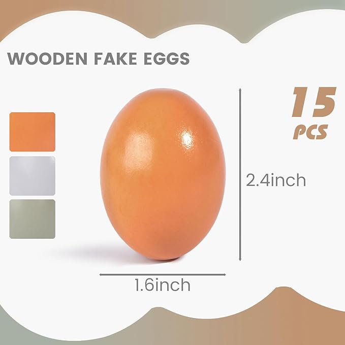 POPLAY 15PCS Wooden Fake Eggs, 3 Colors Wooden Chicken Eggs Faux Eggs for DIY Crafts Egg Painting Chicken Coop