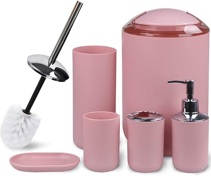 CERBIOR Bathroom Accessories Set 6 Piece Bath Ensemble Includes Soap Dispenser, Toothbrush Holder, Toothbrush Cup, Soap Dish for Decorative Countertop and Housewarming Gift (Blush pink-6pcs)