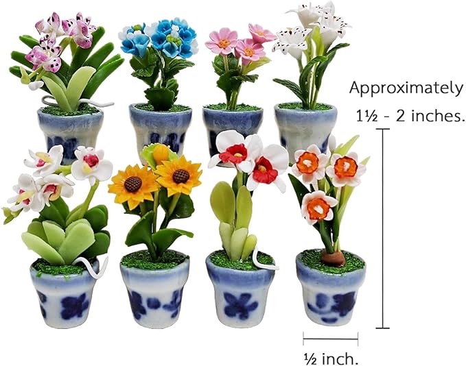 WitnyStore Tiny 2" High 8 Pieces Set Mix Hand Made Artificial Flowers Realistic Colorful Miniature Modelling Clay Flower Pots Brilliant Variety of Imitation House Plant Species Home Decoration