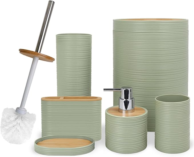 CERBIOR Bathroom Accessories Set 6 Piece Bamboo Bath Ensemble Includes Soap Dispenser, Toothbrush Holder, Toothbrush Cup, Soap Dish for Decorative Countertop and Housewarming Gift, Sriral Green
