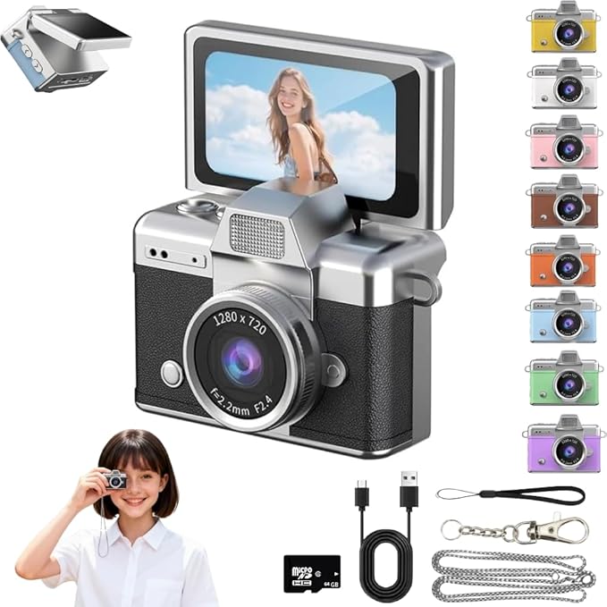 Mini Keychain Digital Camera Retro Mini Digital Video Camera Small bodycam 1080P FHD Recording with 0.96" IPS Screen with 6 Retro Filters AVI Format-Ideal for Phone Transfer (Black, 64GB)