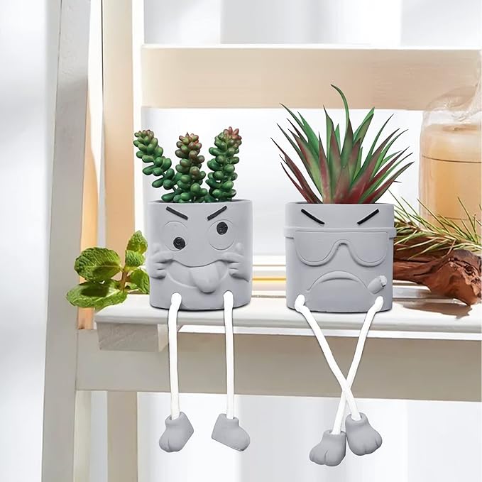 SEMSOIIO 2PCS Artificial Mini Succulent Plants, Cute Fake Plant Faux Succulents in Grey Pots, Artificial Plants with Hanging Leg Potted for Home Office Desk Shelf Bathroom Decor