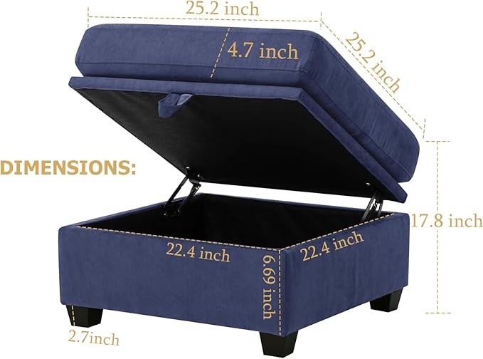 asunflower Ottoman with Storage for Couch Navy Blue 25.2 Inch Square Storage Ottoman Foot Rest for Living Room Large Ottomans for Dorm, Bedroom,Office with Deep Seating