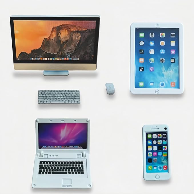 1:12 Scale Dollhouse Miniature Electronics Set - 4 Pcs Desktop Computer, Flip Laptop, Phone & Tablet for Dollhouse Display, Diorama Props and Collectibles