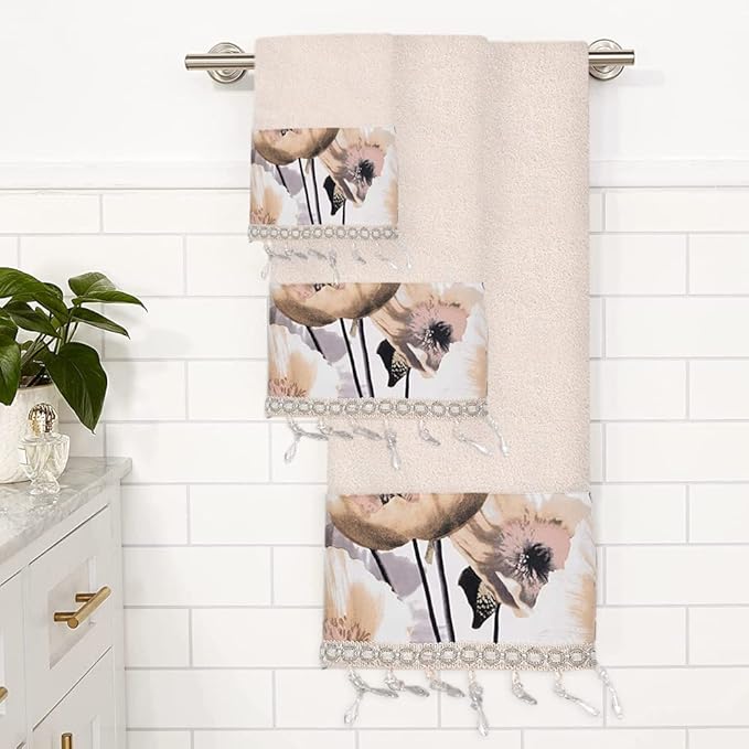 Zahari Home Poppy Fields Modern Bathroom Towel Set - 3 Piece Contemporary Decor Ensemble in Beige