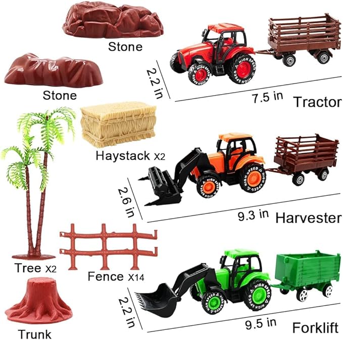 Kimicare 3 Pack Farm Toy Tractor with 40pcs Plastic Farm Animals Figurines and Fence Farm Playset, Farm Figures Farmer Vehicle Toy Truck with Trailer Birthday Gifts Christmas Stocking Stuffers