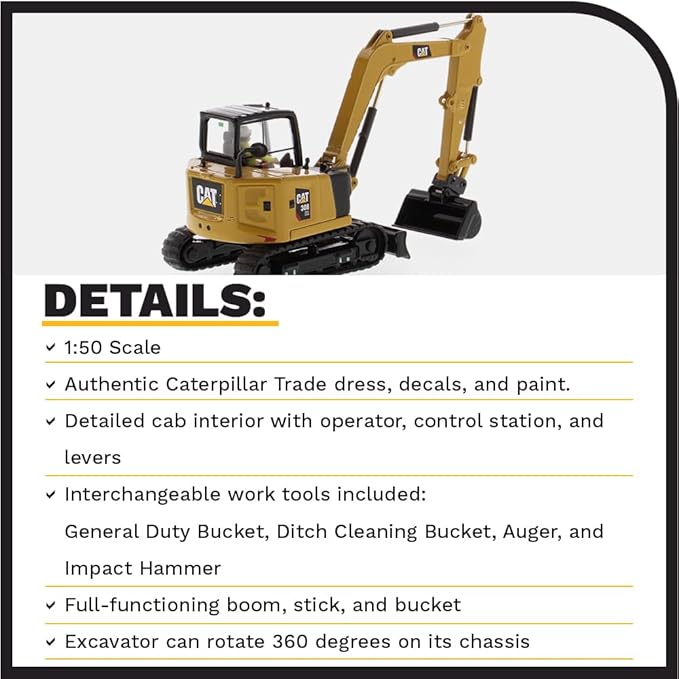 Diecast Masters CAT Caterpillar 308 CR Next Generation Mini Hydraulic Excavator with Work Tools and Operator High Line Series 1/50 Model 85596