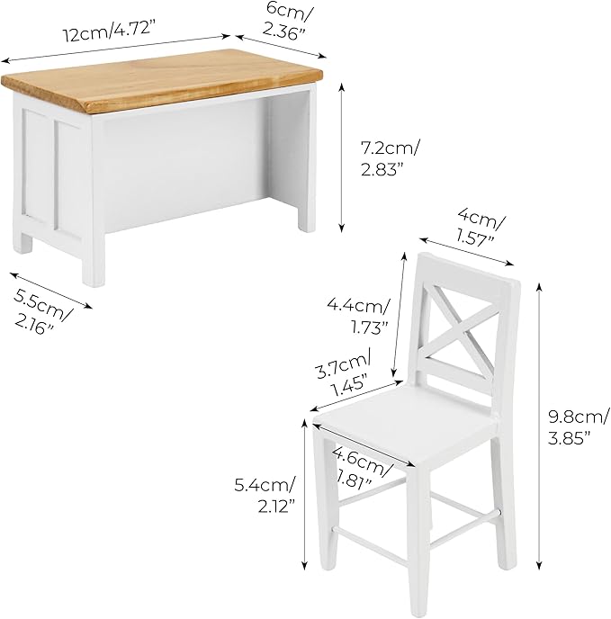 1/12 Scale Dollhouse Kitchen Dining Table Chairs Set – Miniature Kitchen Island with Stools, Modern Wood Furniture for Dollhouse Room Decor – Realistic Miniatures for Restaurant Bar Pub Barbie Crafts