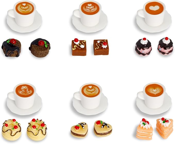 Hiawbon 24 Pcs Miniature Food Kitchen Decoration Sets 1:12 Miniature Coffee Mugs Cakes Dessert Model Pretend Coffee Food Miniatures Decor Cake Toppers for DIY Mini Kitchen Micro Landscape