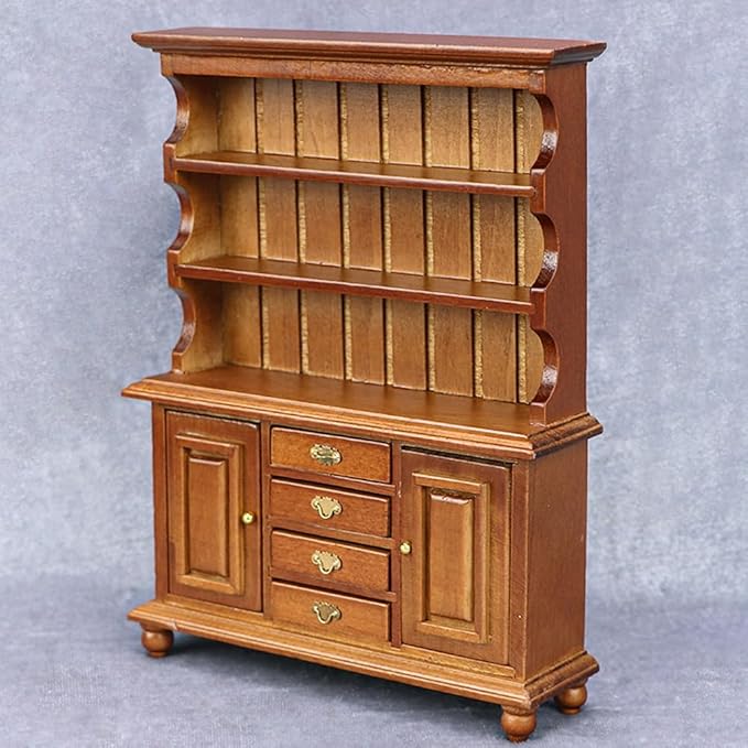 Dollhouse Furniture, Doll Display Cabinet with Drawers 1:12 Scale Miniature Dollhouse Vintage Wood Bookcase, Mini Dresser Living Bedroom Dolls & Accessories DIY Doll House Decorations for Girl and Boy