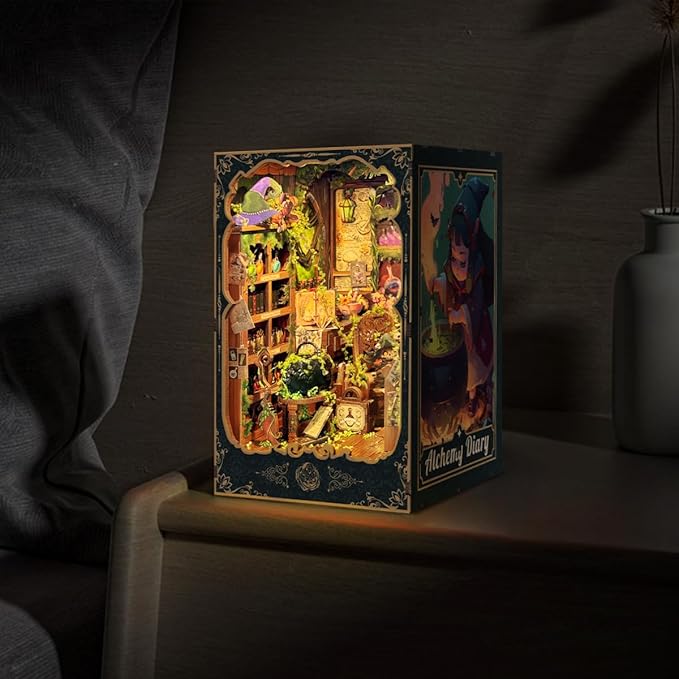 DIY Book Nook Kit for Adults and Teens 3D Wooden Puzzle Miniature Tiny House Dollhouse Kit Bookshelf Booknook Bookcase Model Build Gift Kit Decor with LED Light-Alchemy Diary(SQ-43)