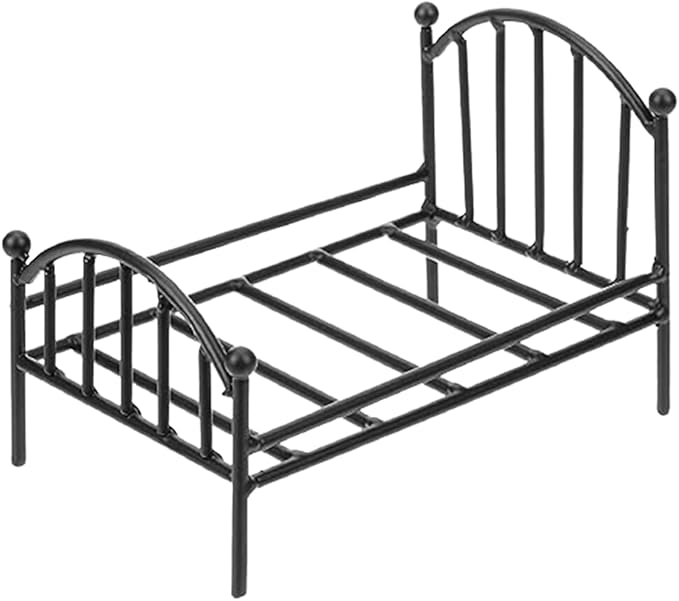 Dollhouse Bed, 1/12 Scale Miniature Metal Single Bed, Vintage Doll Bed, Dollhouse Furniture for Doll House Decoration (Black)