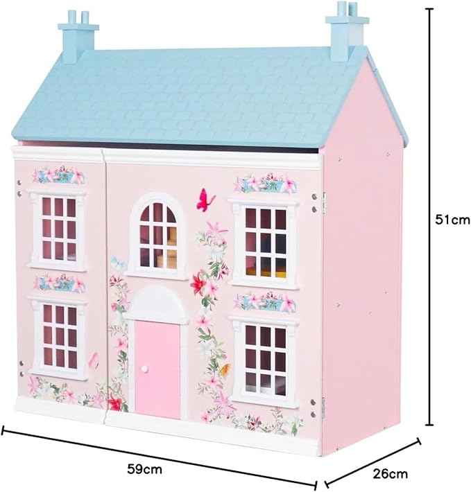 Doll House, 3-Story Wooden Cottage Dollhouse Playset w/Double-Sided Roofs, Accessories & Furniture, Pretend Play Toddler Big Doll House, Gift for Kids Aged 3+ (Pink)