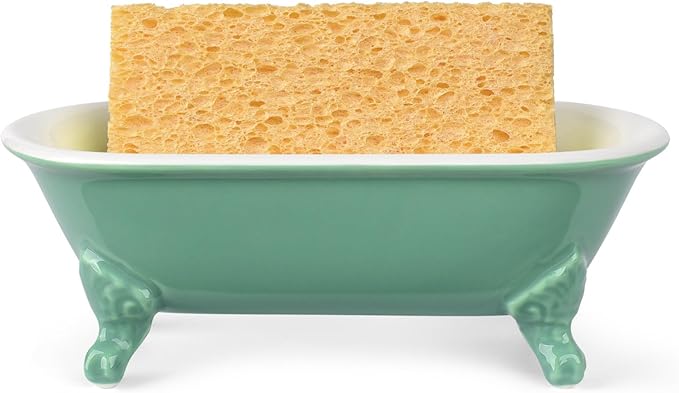 NEWHENGS 6.5" Ceramic Mini Decorative Clawfoot Bathtub Bar Soap Dish, Kitchen Sponge Holder and Shower Tray for Bathroom, 1 Pack(Mermaid)