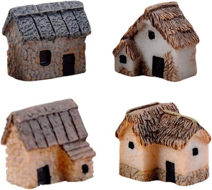Haohaiblooms 4 Pcs Miniature Fairy Garden Stone House Set - Resin Moss Cottage for Home & Outdoor Decor, Micro Village Thatched Huts, Bonsai Terrarium Crafts, Desk Ornaments for DIY Landscape