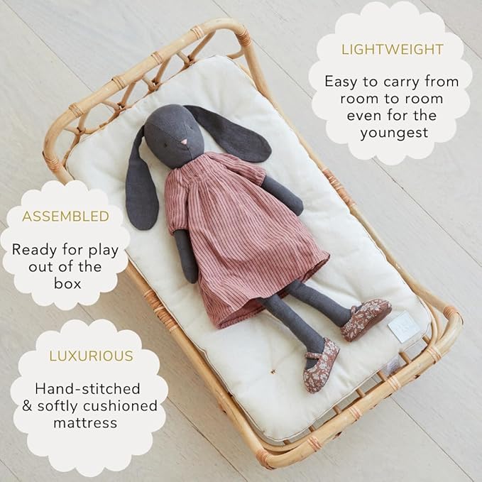 BEBE BASK Large Premium Rattan Doll Bed 20 x 12 x 10- Handcrafted & Award-Winning - Sized for 18-Inch Dolls - Fits American Girl & Our Generation - Luxe Mattress - Baby Photoshoot Props (Large)