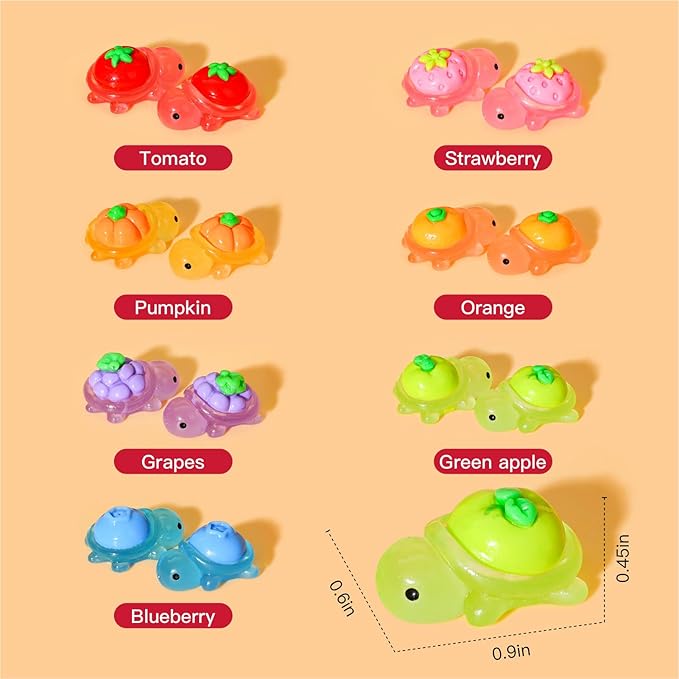 50Pcs Mini Animals Figures to Hide Small Resin Turtles Figurines Tiny Glow in The Dark Miniature Plastic Sea Animals, Fruit, Vegetable, and Turtle Combinations in Novel Designs (7 Styles Mix)