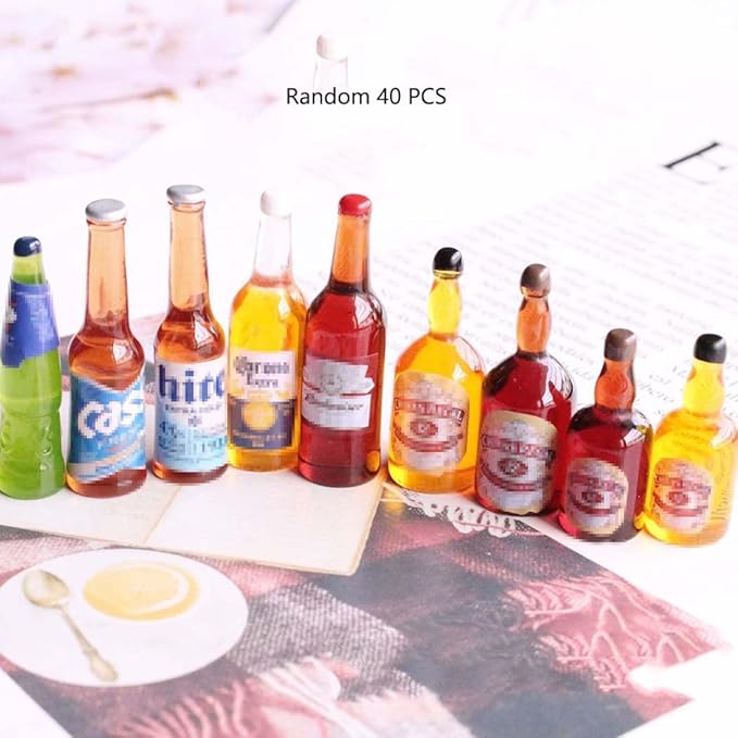 Borsgye 40 PCS Miniature Beer Bottles Mini Wine Drinks Glass Model Mixed Sets Simulation Instant Pretend Model Scene Resin Charms for Handcraft Scrapbook Phone Case Decor - Random 4