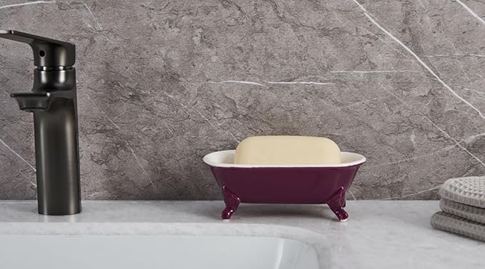 NEWHENGS 6.5" Ceramic Mini Decorative Clawfoot Bathtub Bar Soap Dish, Kitchen Sponge Holder and Shower Tray for Bathroom, 1 Pack(Burgundy)
