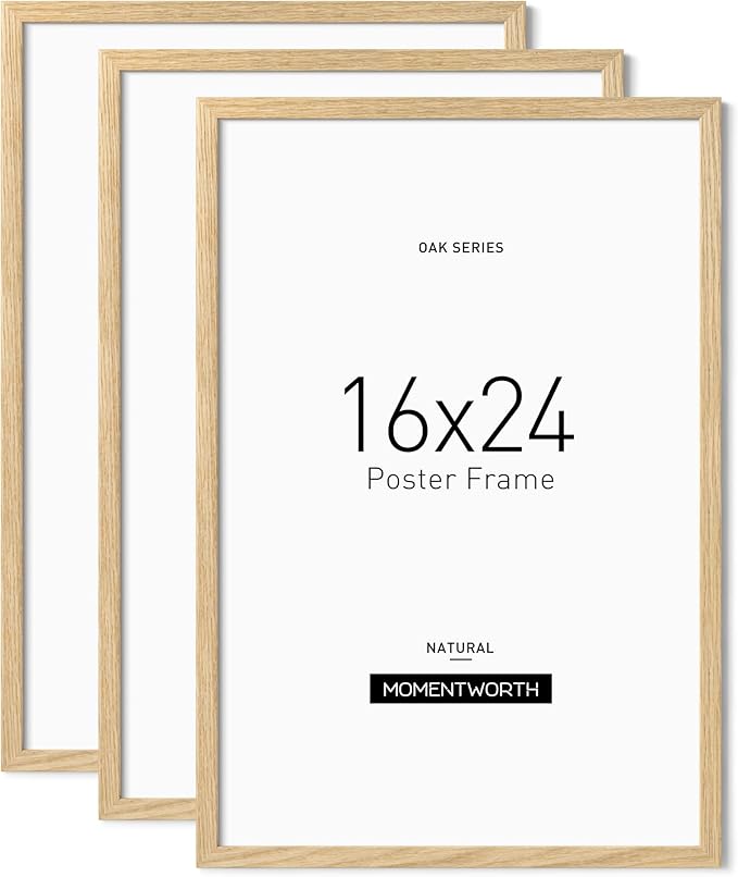 Momentworth Minimalist 16x24 Frame Set of 3, Solid Oak Wood 16x24 Picture Frame for Wall Mount - Wall Decor for Home, Office & Galley (3 Pack,Oak)