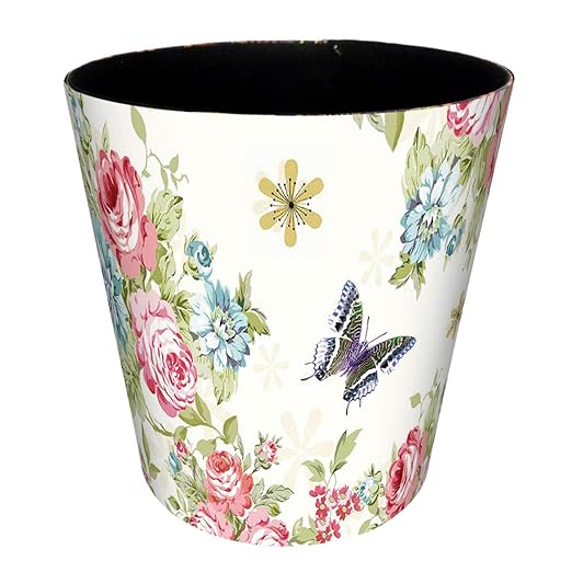 Scakbyer Wastebasket, 10L/2.64 Gallon PU Leather Decorative Trash Can Waterproof Paper Basket Garbage Bin for Home Office Bathroom - Rose and Butterfly