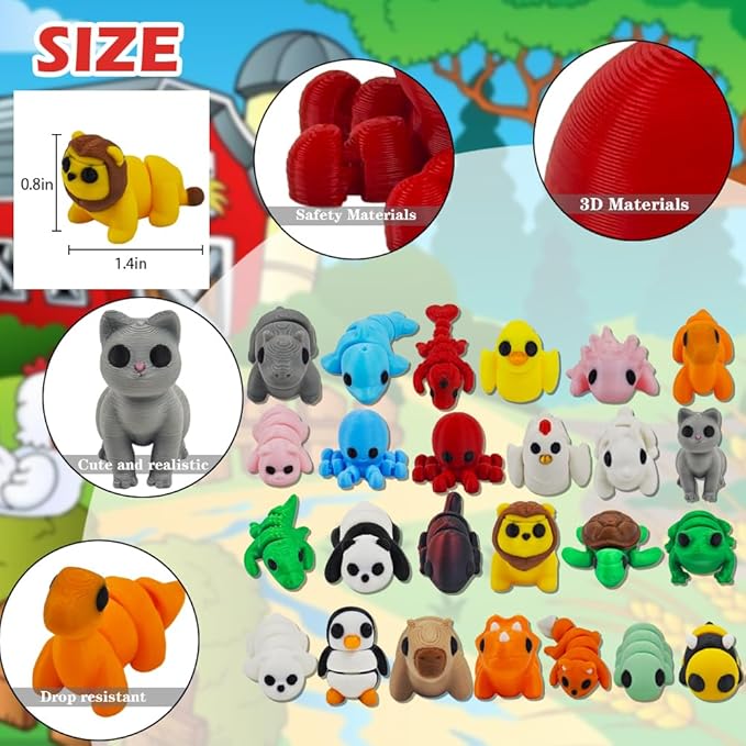 25 pcs Animal Figurines, 3D Printed Animal Figurines Set, Articulated, Party Favors, Pocket Fidget Toys Bulk, Goodie Bag Stuffers, Valentines Day Gifts for Boys Girls Toddlers, Classroom rewards