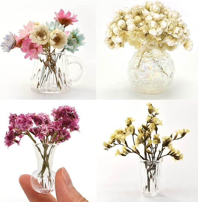iLAND Miniature Dollhouse Accessories for Dollhouse Furniture Antique, Glass Vases w/ Dried Flowers Set (Elegant 4pcs)