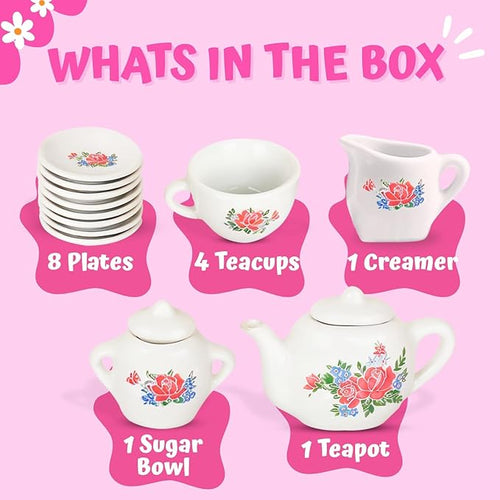 17 Pieces Floral Miniature Porcelain Ceramic Tea Set - Pretend Play Kids Toy Mini Kitchen Playset, Fun Doll Dramatic Play for Little Girls, Kids