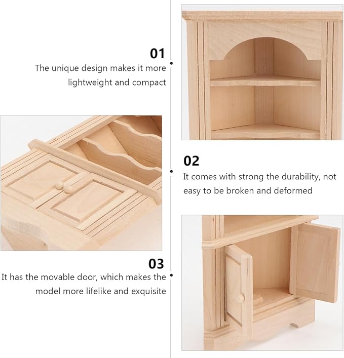 Yardwe Wooden Furniture Model - Miniature Dollhouse Triangular Storage Cabinet with Movable Door Beige Mini Cabinet for Dollhouse Decor and Simulation Scenes