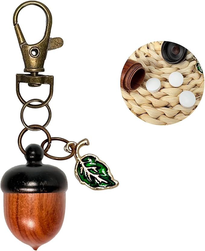 YTYAB Cute Acorn Canister Keychain,Funny Small Portable Pill Organizer Bag Charms,Green Enameled Kawaii Leaf Decor Key Chain