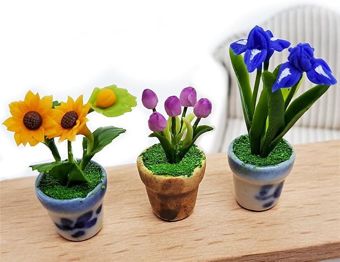 WitnyStore Tiny 1½" High 3 Pieces Set Sunflower Tulip Iris - Hand Made Artificial Flowers Colorful Miniature Realistic Modelling Clay Flower Plants in Pots Blooming House Plant Home Indoor Decoration