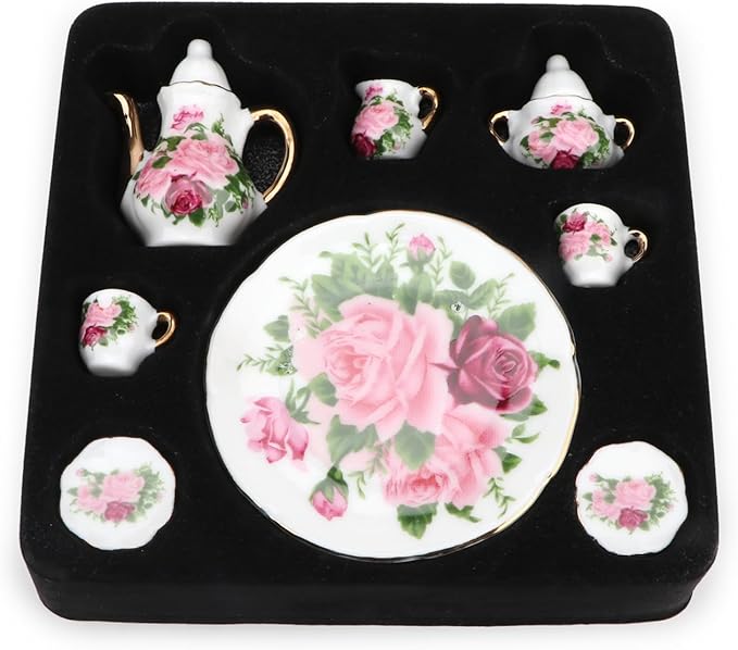 Dollhouse 1:6 Porcelain Tea Cup Sets 8 Pcs Set Miniature Ceramics Dollhouse Accessories Flower Pattern Teapot Platter Dish Sets Dollhouse Kitchen Supplies Decoration (Big Rose)