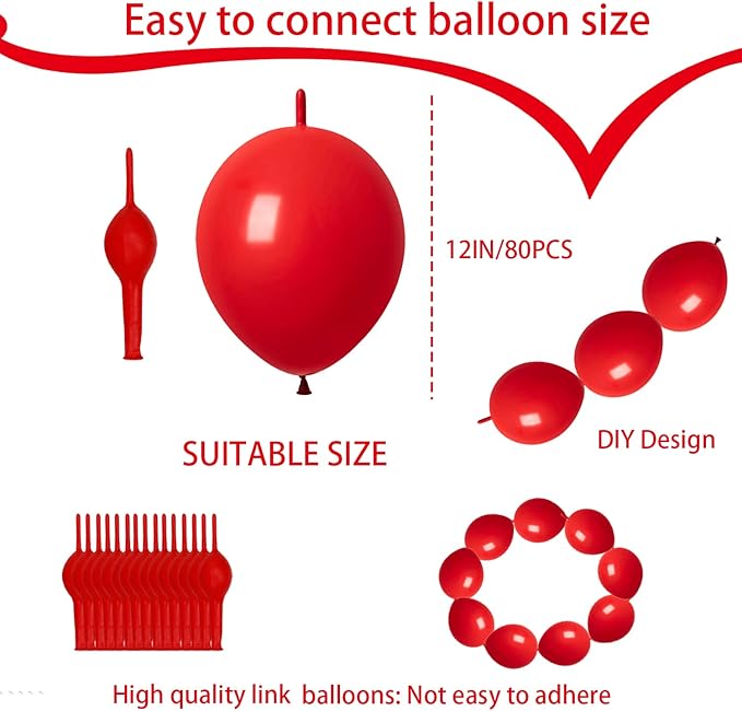 ADIDO EVA Link Balloons Red 12 Inch Quick Latex Link Balloon 80 Pcs for Birthday, Halloween, Christmas, Party Festival Decorations