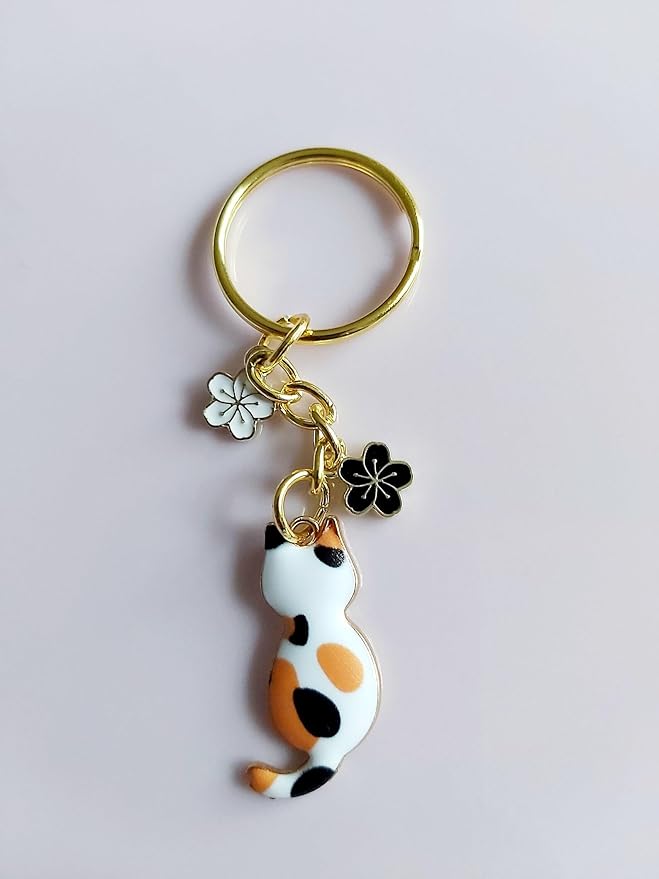 Agromusk Cute Cat Keychain, Enamel Flower Keyring Japanese Decor for Garden Cat Lovers, Kawaii Bag Charm With Sakura Flowers