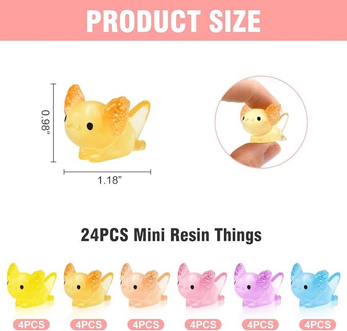 24 PCS Luminous Mini Axolotl for Crafts Dollhouse Fairy Garden Decor Miniature Figurines Resin Animal for Car Tiny Resin Animals for Micro Landscape Plant Pots