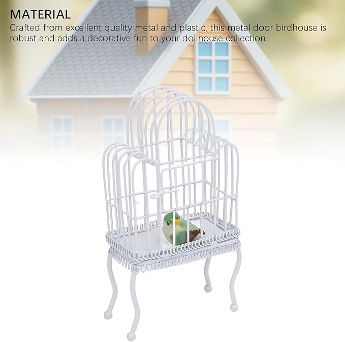 1:12 Scale Dollhouse Bird Cage Metal Miniature Bird Cage Realistic Opening Door Miniature Dollhouse Bird Cage with Fake Grass Bird Sticker (White)