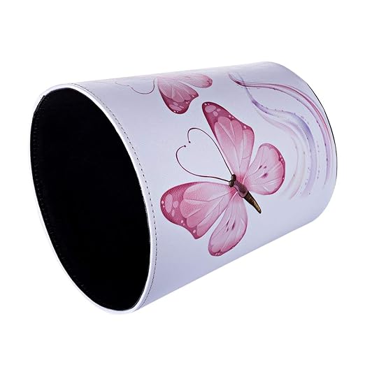 Scakbyer 10L/2.64 Gallon PU Leather Trash Can Decorative Waterproof Wastebasket Paper Basket Garbage Bin for Home Office Bathroom - Pink Butterfly