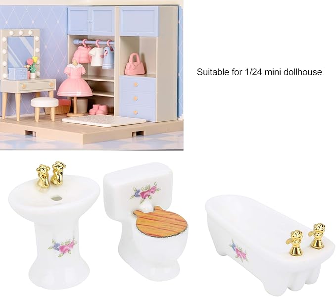 Aqur2020 1:24 Dollhouse Bathroom Set, Simulation Ceramic Bathtub Toilet Sink Kit with Metal Chain and Wood Lid for Miniature Dollhouse Bathroom Scene Decor (Rose)
