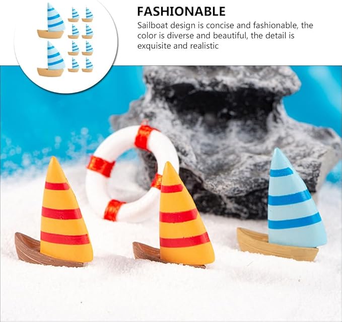 10pcs Mini Sailboat Decor Wooden Miniature Sailing Boat Model Nautical Theme Decoration Mini Fishing Boat Figurine for Fairy Garden Dollhouse Home Decor