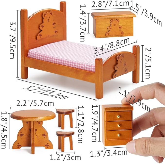 Odoria Dollhouse Bedroom Furniture Miniature : 1/12 Scale Single Bed with Bedding Cute Storage Chest Trunk - Mini Bedside Table and Chairs Wooden Nightstand 6Pcs