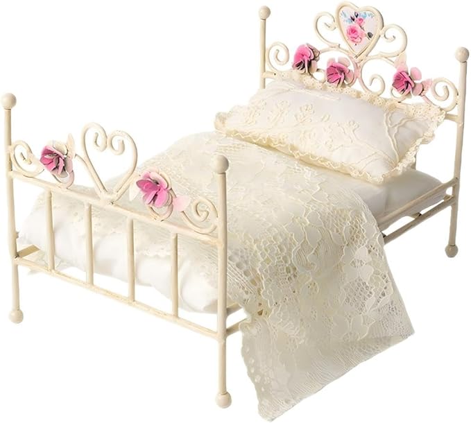 1:12 Scale Dollhouse Wicker Bed Set Handmade Miniature Rattan Bed with Pumpkin Bedding Natural and Brown Colors Dollhouse Bedroom Furniture Decor (White Iron Bed)