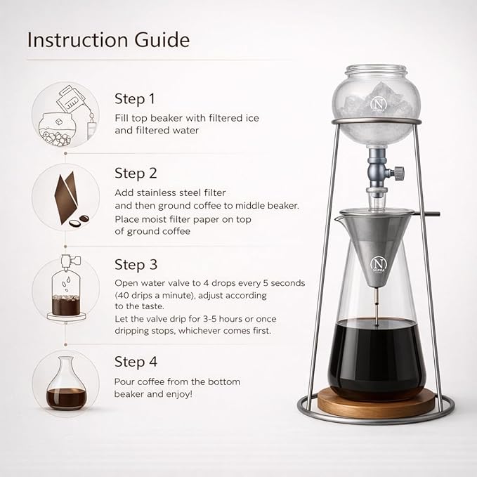 Nispira Iced Coffee Cold Brew Drip Coffee Maker Stainless Steal, 400mL, Borosilicate Glass